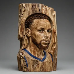 Steph Curry carved from ancient wood, mystical