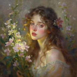 a painting of a woman surrounded by flowers, an oil painting by yoann lossel, deviantart, fantasy art, soft light, flickering light, detailed painting