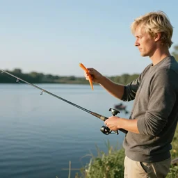 dangling carrot in a fishing rod in front of a blonde man,