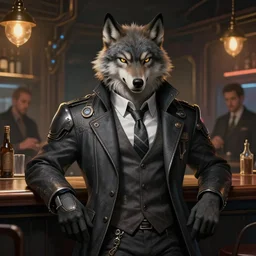 photograph of a male anthropomorphic wolf fursona wearing a cyberpunk suit and tie in a cyberpunk bar, deep focus, intricate, elegant, highly detailed, digital painting, artstation, concept art, matte, sharp focus, illustration, d & d, fantasy, hearthstone, art by artgerm and greg rutkowski and alphonse mucha