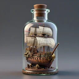 a detailed steampunk pirate ship in the bottle, glass bottle, 3d render, trending on artstation, smooth defined edges, sharp focus, 4k