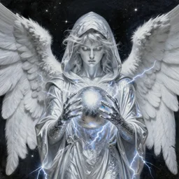 highdetailed hyperrealistic painting of silver holographic angel in the hood lightning hands with silver sparkles!!!, giant silver ball on the chest!!!!!, 4 k hd fur face!!!, big wings, by jan van eyck, holography space, white sparkles everywhere, thin strokes, white monochrome color!!!!!, hyperrealism textures