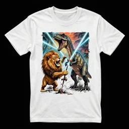 t - shirt design, lion fighting dinosaurs, lasers