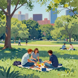 people having a picnick in a city park on a clear day, in pointillism style