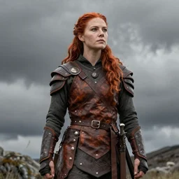 north adult female warrior, red hair, ginger hair, long hair, fantasy, female Viking, high detailed, photography, cloudy, lightweight leather armour, Scandinavia, plain, detailed face, beautiful face, beautiful girl, look into the distance, professional model, glowing skin, serious face, full body, professional photographer, masterpiece, 50 mm, 8k, 3D