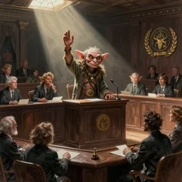 a vivid courtroom sketch of a goblin testifying on trial,