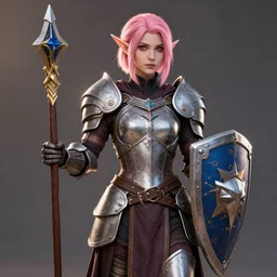 beautiful well built pink short haired half elf woman healer wearing cleric armor and holding a shield, dungeons and dragons, character portrait, character design, full rendered illustration, 4 k, 8 k, hyper detailed, back lighting, cinematic lighting, intrinsic detail
