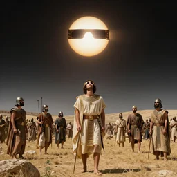 a total solar eclipse fills the sky, lydian warriors on an ancient battlefield stop and look up as the sky goes dark. 5 0 0 bc. clear, detailed, well composed beautiful photograph, dramatic lighting, rich colors.