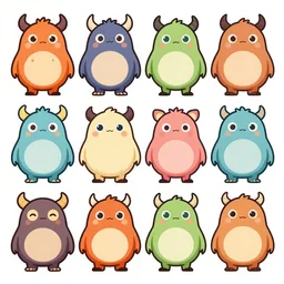 game asset sheet, 2 d sprite, mid classical era chibi monsters cute lovable tricksters
