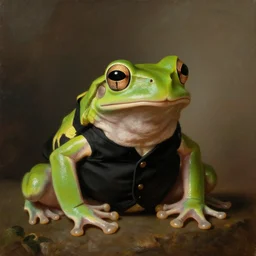 a portrait painting of an amazon tree frog wearing a black waistcoat, an american romanticism painting by john trumbull, a portrait painting, cgsociety, soft focus