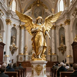 A beautiful rococo chapel with a carved marble and gold statue of an angel with wings spread looking down over the congregation Digital Art, High definition, very detailed, 8k, Octane render