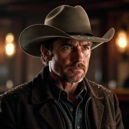 a cinematic headshot portrait of a cowboy rugged intense, inside dark bar, bokeh glow, light snow, ultra realistic, dramatic lighting, by mike campau and annie leibovitz, 8 k hdr