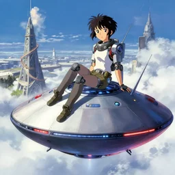 high budget scifi hollywood film mechanic anime girl sitting on top of flying ufo, trending on pixiv fanbox, painted by gaston bussiere, makoto shinkai, akihiko yoshida, gaston bussiere, craig mullins