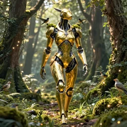 walking animal mech covered in gold and silver armor, horizon zero dawn aesthetic, covered in moss and birds, glowing lights, beautiful forests and trees, sunlight, cinematic, concept art, art by John Park and Natasha Tan and Pablo Carpio, trending on artstation, masterpiece.