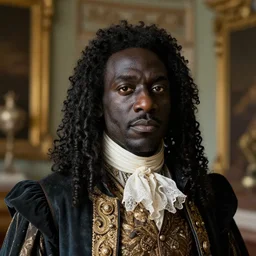 close up, halfling black - skin! man, extravagant baroque clothes, alone in his mansion, head and torso portrait by dave dorman and daniel docciu