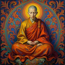 2 1 st century monk, silent, no talking, paranoia, symmetrical, concept art, intricate detail, volumetric shadows and lighting, psychedelic colors, vibrant, realistic oil painting by gustave dore
