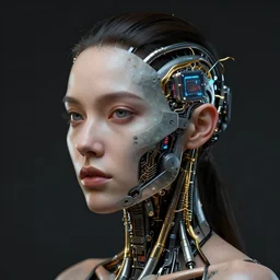 human 3 d by pantokrator, beautiful sexy woman head made of mech mask rendered in unreal engine, biotechnology, cyberpunk, dark, scifi, golden wires and cyberntic vessels coming from core processor, contrast, painted by david burliuk | bernard buffet | carne griffiths | stanislaw lem