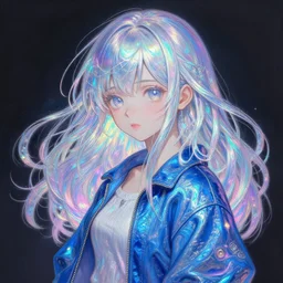 full - body painting of an iridescent anime girl with a blue jacket, by range murata, artisanal art, magical trending on artstation, volumetric lighting, cute - fine - face, intricate detail, by murata range