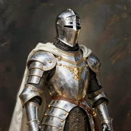 man in decorated crusader armor, helmet and white cape drawn by greg rutkowski realistic high detail