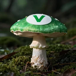 a green mushroom with a circle on the top with a green letter v on the white circle on the top