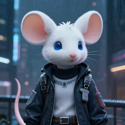 beautiful portrait of a female anthropomorphic albino mouse fursona wearing cyberpunk clothes. cyberpunk city at night in the rain. neon light. atmospheric. character design by charlie bowater, ross tran, artgerm, and makoto shinkai, detailed, inked, western comic book art