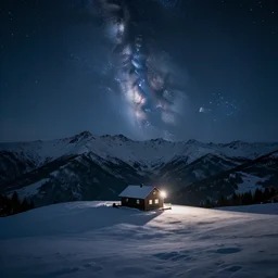 lonely house on a snowy mountain at night, professional photography, gorgeous stars, breathtaking view