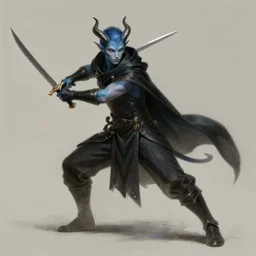 D&D character concept art of a cloaked tiefling, tiefling rogue, blue skin color with short horns and a devil tail, fighting pose of a Rogue holding daggers, black cloak hidden in shadows, full body pose, soft colors, fantasy, intricate, elegant, highly detailed, digital painting, artstation, concept art, smooth, perfect face, sharp focus, illustration, wide angle shot, full body visible, art by artgerm and H R Giger and alphonse mucha