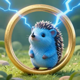 ( ( a cute a blue hedgehog looking up at a large ring made of gold in the sky with blue lightning. cover art. ) ), blue lightning!, large gold ring!, beautiful green grassland, early morning hours, long shadows, extremely detailed, fantasy painting, by jean - baptiste monge!!!!