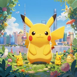 3 d, hyperrealism art glamorous sci - fi poster, a panoramic view of shanghai full of pikachu, beautiful whimsical botanical illustration, by android jones and greg rutkowski, digital matte painting, ghibli style, golden ratio
