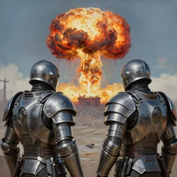 painting of a brotherhood of steel soldier gazing at a nuclear explosion, vibrant, style of kentaro miura and conrad roset