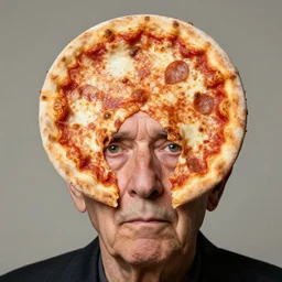 studio portrait of old man with a perfectly round head, shaped like a pizza, with a small face sticking through the center of a pizza margherita, disturbing reality, shocking revelation, unsettling, extremely detailed, soft lighting, sharp close - up, droopy eyes, exhibition, masterpiece by jimmy nelson