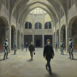 drab workers wearing masks walking along cloisters, vault, rotunda, brutalist courtyard, watched by robots, dystopian, pj crook, edward hopper, oil on canvas