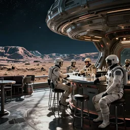 sci-fi movie cinematography of space soldiers sitting in an alien bar. By Emmanuel Lubezki