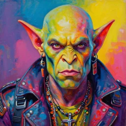 an apocalyptic scifi will ferrell as an orcish biker character, psychedelic vibrant colors, futuristic punk rock fashion, oil painting by michael whelan art, perfect face, sharp focus, detailed eyes, realistic, 8 k