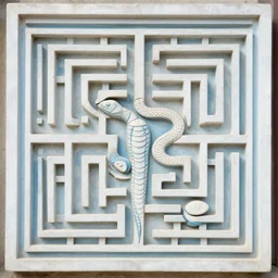 intricate colorfully painted serpentine maze, carved soapstone relief paneling white and pale blue