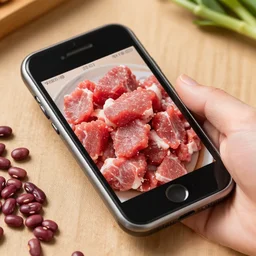 raw meat chunks beans, android cell phone photo,