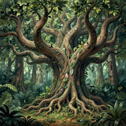 mesmerizing group of super massive tree branches, huge twisted trunks, gigantic roots on the ground, tiny leaves, intricate, elegant, ornate, fantasy, magical, epic scale, matte painting, cinematic, tropical forest, lush, trending on artstation, inspired by james cameron movies, painted by craig mullins and john singer sargent