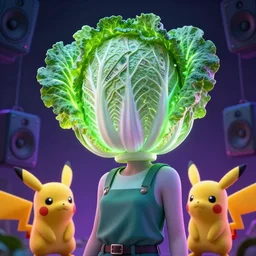 girl with cabbage head, acid colors render very cute money cabbage, leaves as dollars!! glow, light kale! incorporated speakers!, cyberpunk highly detailed, unreal engine cinematic smooth, in the style of blade runner & detective pikachu, hannah yata charlie immer, moody light, low angle, uhd 8 k, sharp focus