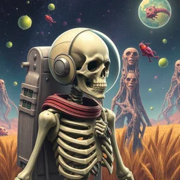 a skeleton astronaut!!!!!!!!! with his helmet off by kren cushart on a colorful alien wheat world with lime!!!! trees