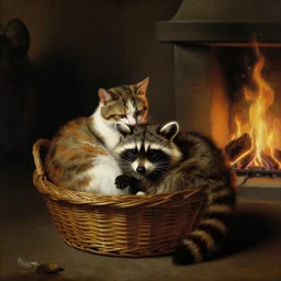 a painting by caravaggio : a cat and a racoon cuddling in a small basket next to a firepit