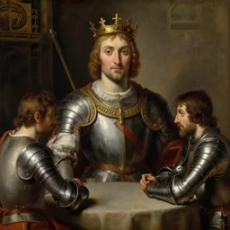 detailed face, standing, oil painting of king arthur wearing a crown and the knight lancelot wearing armor sitting at the round table in camelot, artemisia gentileschi