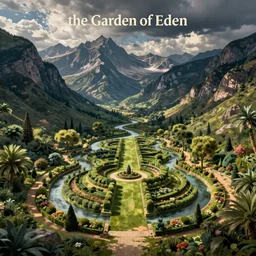 the garden of eden with rivers and mountains in the style of afremov.