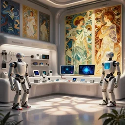 a futuristic robot store, robots, accessories, cables, screens, by artgerm and greg rutkowski and alphonse mucha, zaha hadid, volumetric light, detailed, octane render, midsommar