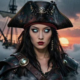 symmetry! middle closeup chamber portrait of a biblical diabolical pirate geisha, stylish leather armor, pirate ship, heavy eyes to the side, closeup, bright glowing eyes, in clouds, rain, sunset, by gerald brom, by mikhail vrubel, by peter elson, muted colors, extreme detail, mirrors, trending on artstation, 8 k