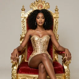 beautiful african goddess with an afro, sitting on an royal throne, wearing corset, regal pose