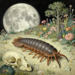 huge woodlouse, bones of dead animals, a landscape on the moon with many craters, huge woodlouse, a beautiful flowering garden, a lot of exotic vegetations, trees, intricate detaild, pale colors, 8 k, in the style of martin johnson heade and roger dean