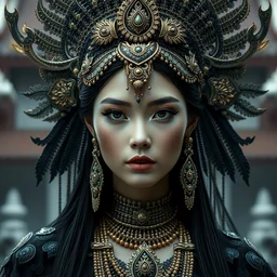 portrait of beautiful thai female model by irakli nadar with intricate detailed thai traditional headdress and costume, haunting, elite, elegant, ruan jia, dark, hyper detailed, concept art, by gustav klimt, thai temple background