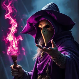 wide shot, acolyte sorcerer, ( ( ( in a purple magician robe ) ) ), with a mask, by ralph horsley and johan grenier