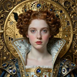 face centered portrait, artwork by james jean, hyperdetailed realistic smooth polished patterned porcelain, beautiful young medieval queen, jean delville, art nouveau, gustav klimt, ornate metal patina gothic icon, james jean, ultrasharp hyperdetailed photorealistic octane render, iris van heppen, visionary, surreality, whimsical