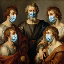 a renaissance oil painting of greek philosophers wearing face masks during covid, by raffaello and michelangelo, photorealistic oil painting of chirurgical masks, award winning, trending on flickr